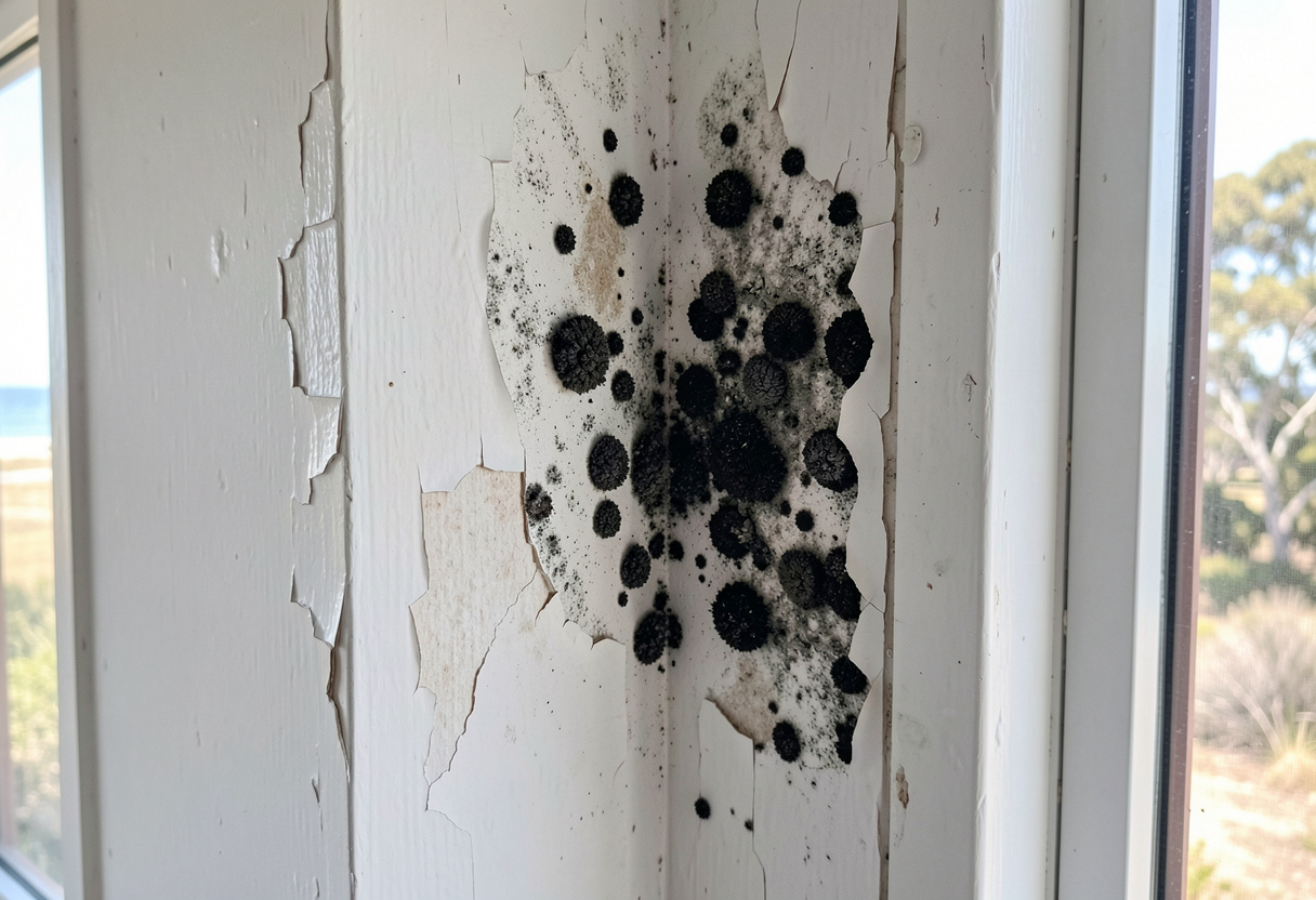 close-up of black mould growth on a white painted plasterboard
