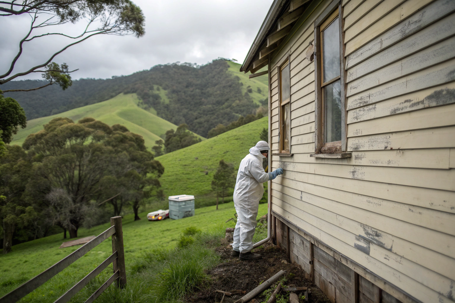Mould removal technician inspecting weatherboard cottage exterior in Jamberoo