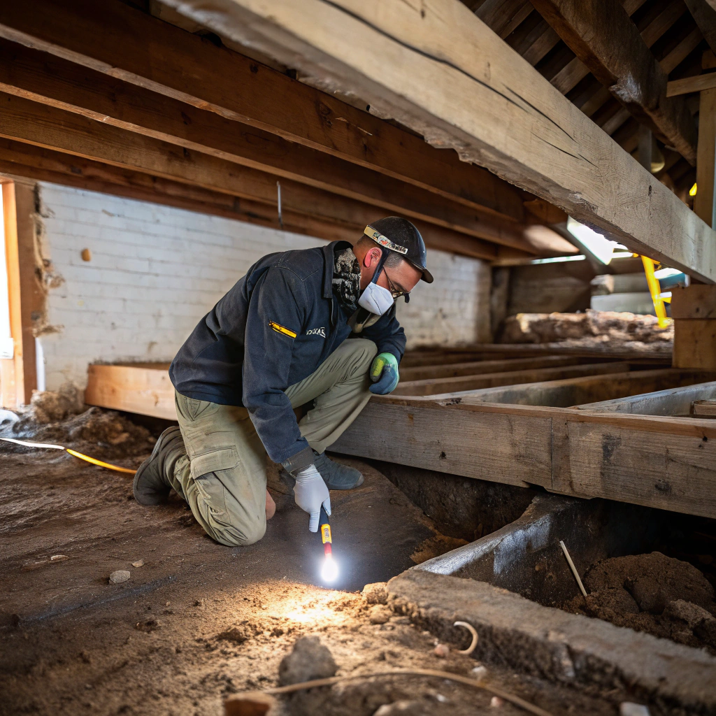 Technician treating subfloor mould under a rural Jamberoo property