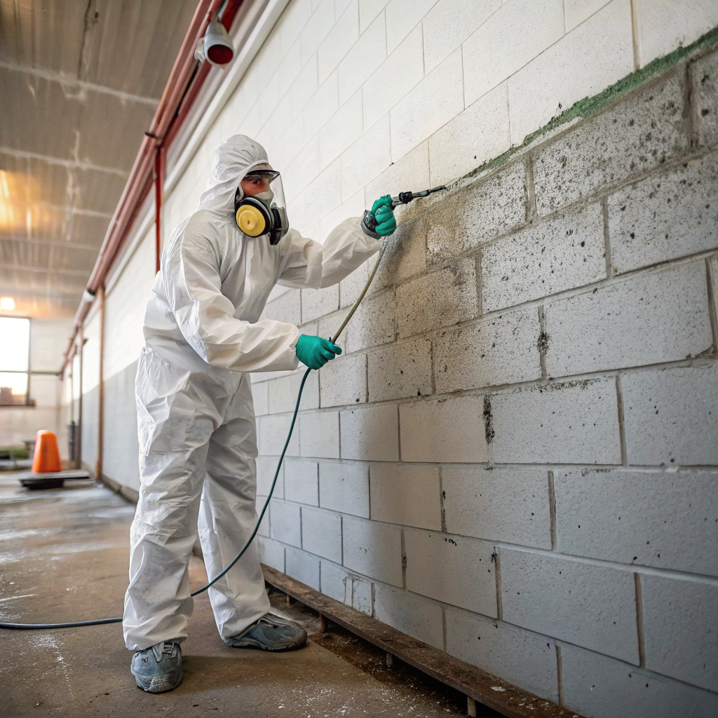 Mould remediation technician in full PPE treating wall inside commercial facility
