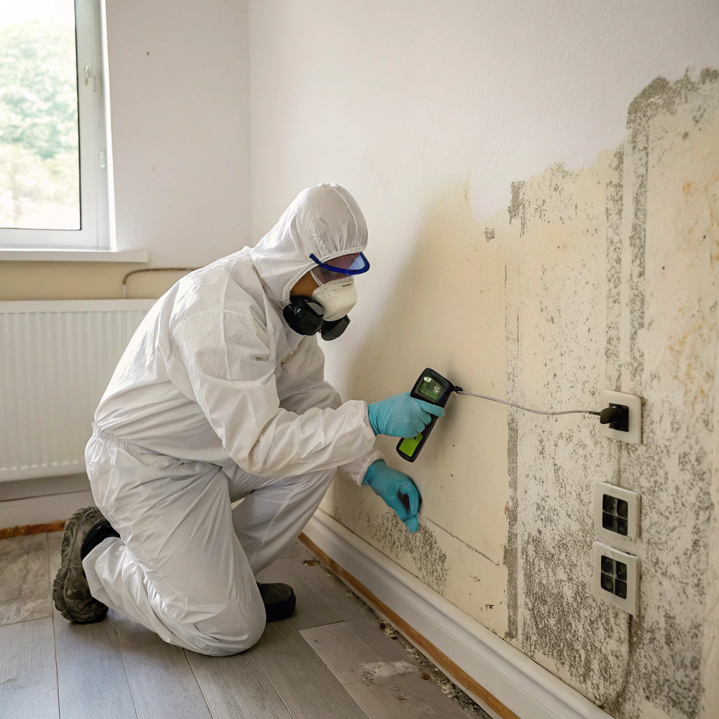 Mould removal specialist inspecting a mould affected wall inside an Australian home