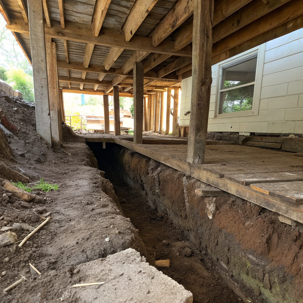 Damp subfloor space underneath an older Australian home near a lake