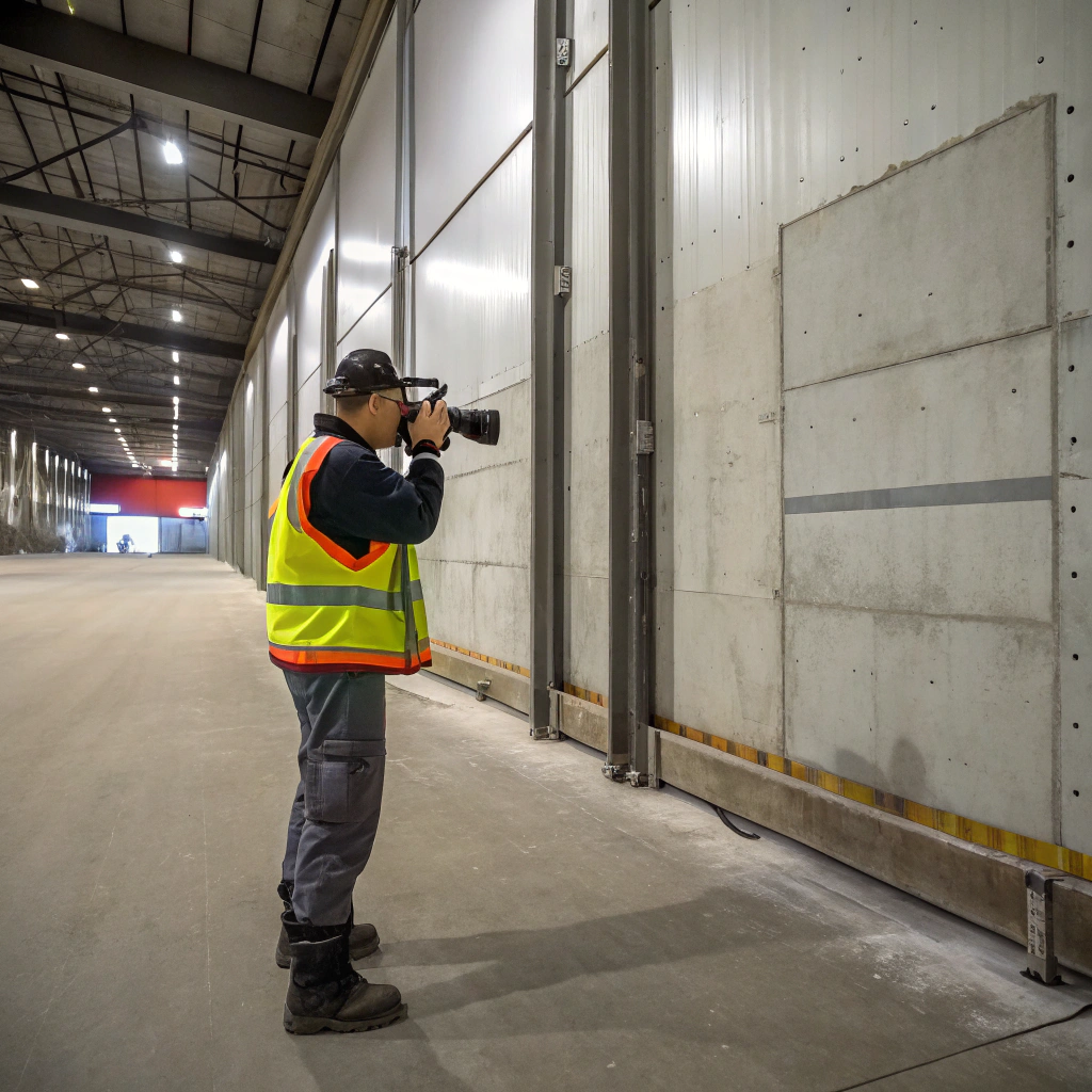 Technician holding thermal imaging camera during moisture inspection in industrial facility