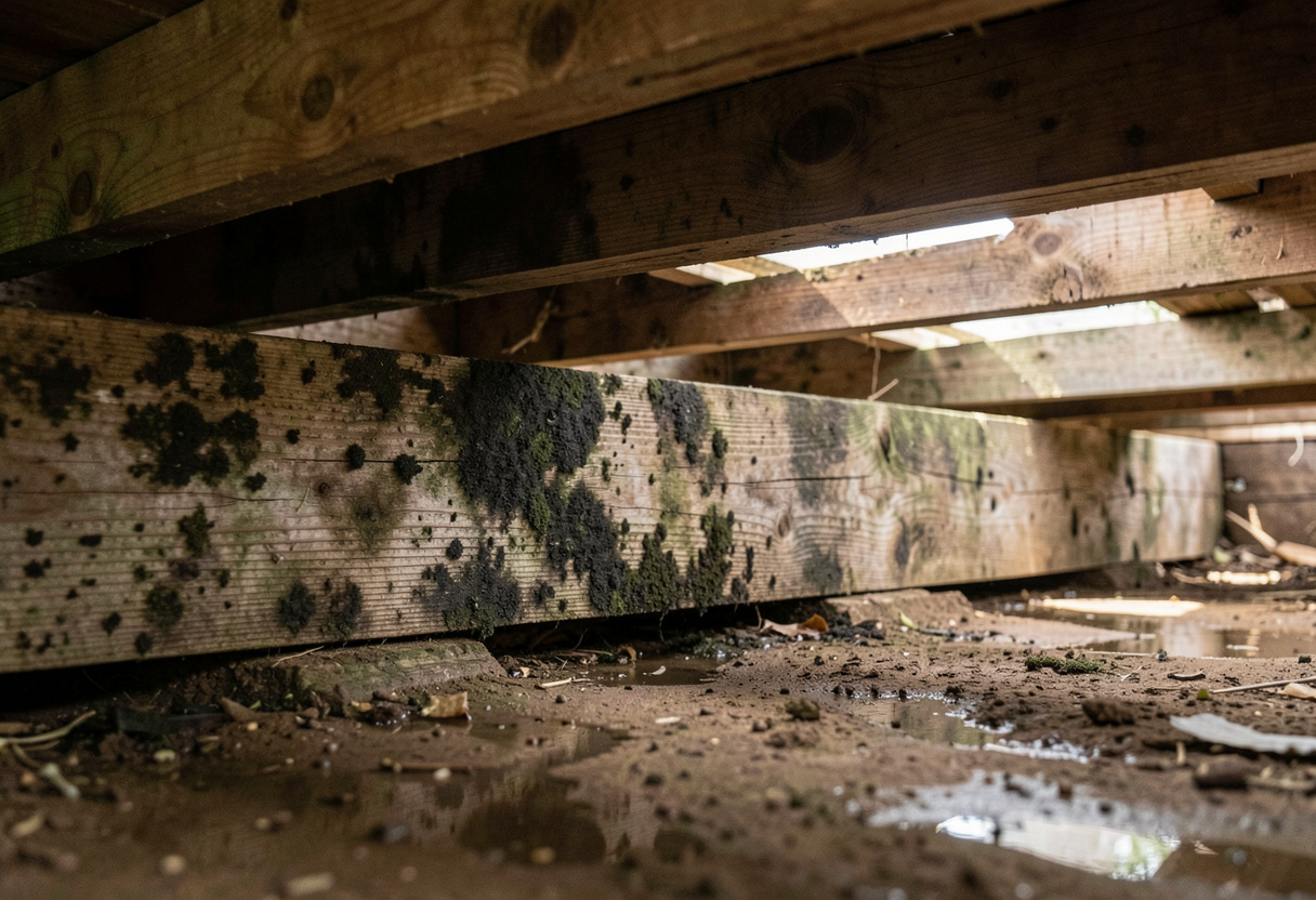 timber bearers and joists with visible moisture damage and dark mould growth on aged wood