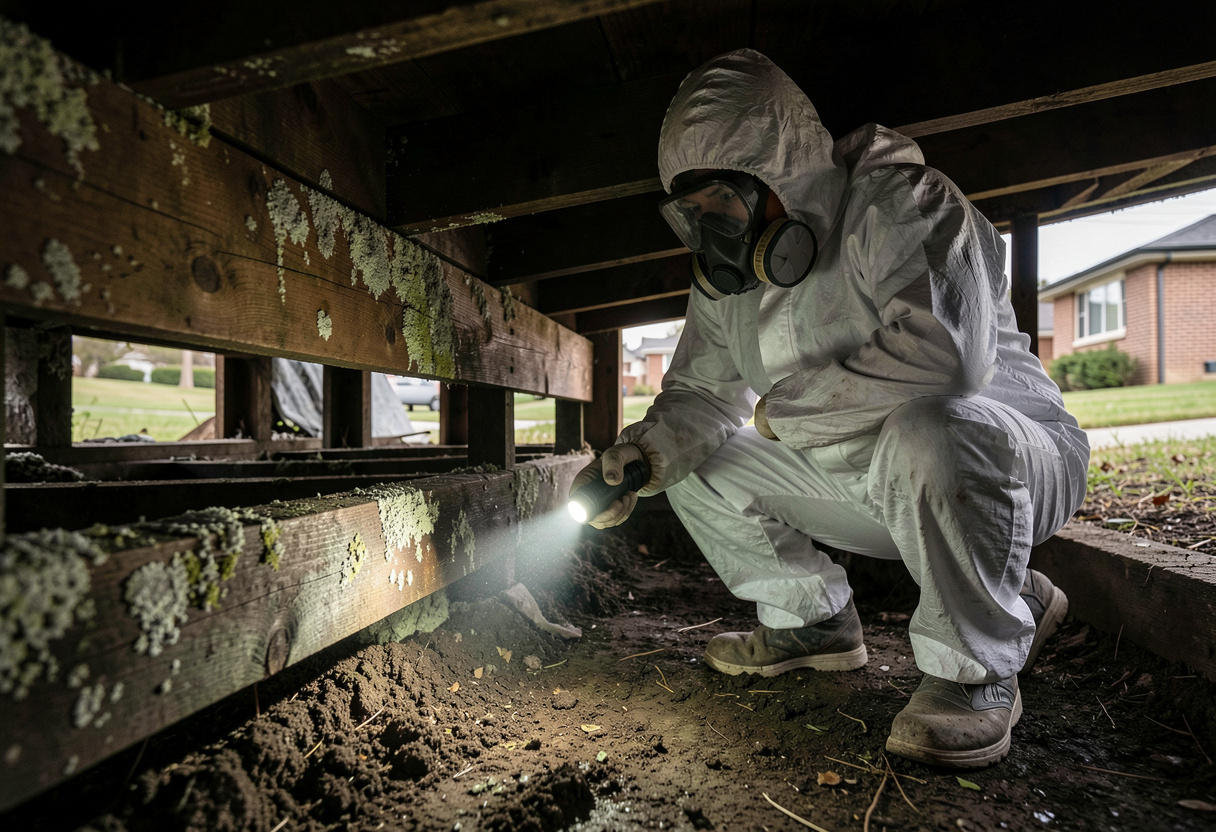 timber floor joists with visible mould growth,